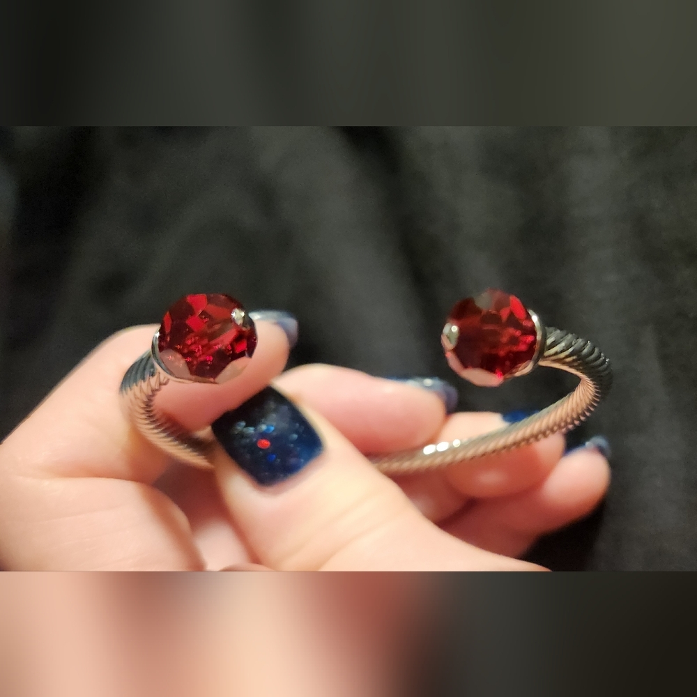 Touchstone Silver BANGLE W/Red Swarowski Crystal Cuff Bracelet, Adjustable